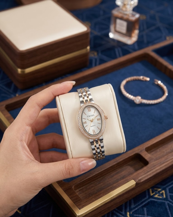 tikees luxury oval crystal encrusted stainless steel watch